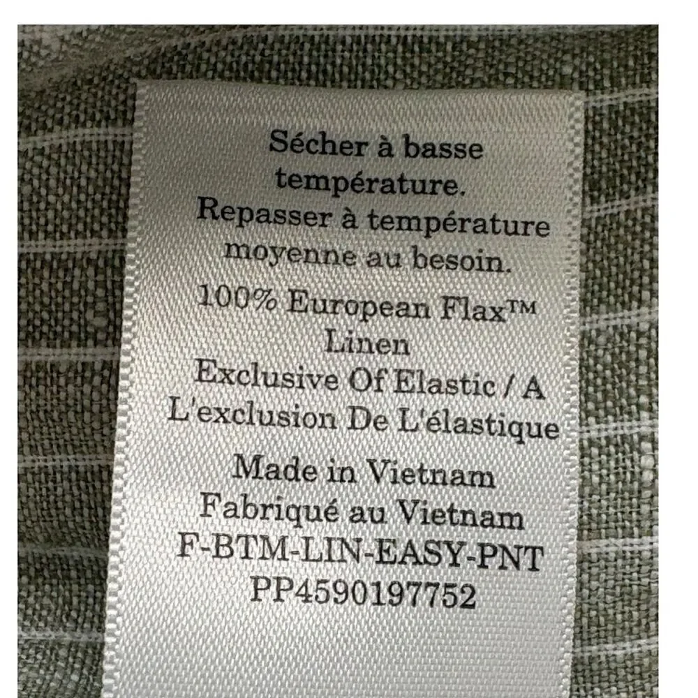 Everlane Flax Linen Size Large Green with White Strips Elastic Waistband